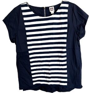 NWT Anne Klein Striped Zip Back Top Women XL Nautical Stretch Navy Blue/White